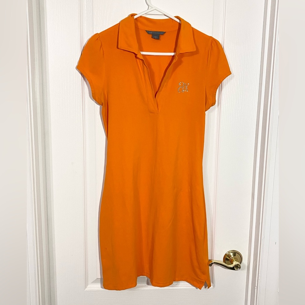 Y2K Armani Exchange Crystal Logo Knit Mini Polo Dress Vintage Orange Medium